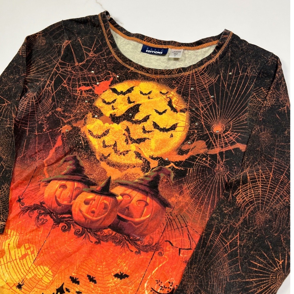 Basic Editions Halloween Shirt Women Small Pumpkins Bats Spiderwebs Rhinestones